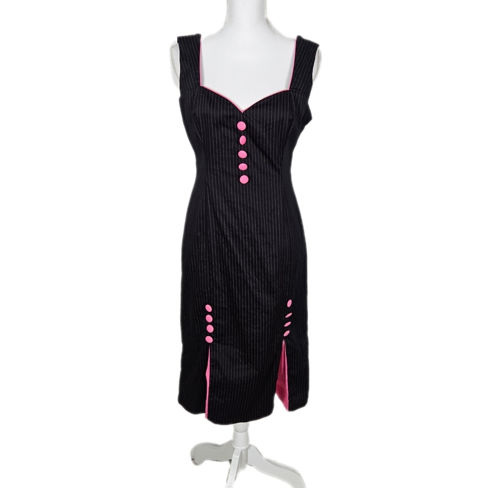 Black Pinstripe Midi Dress with Pink Trim